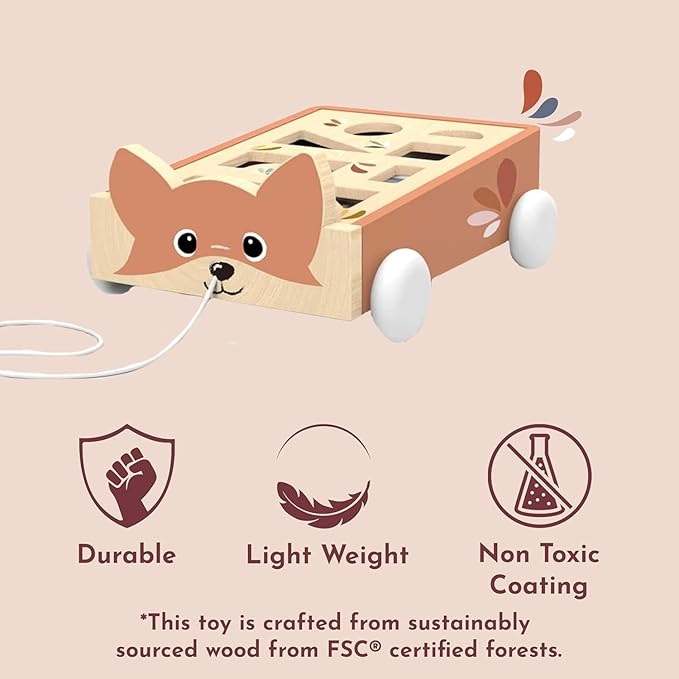 Speedy Monkey Fox Blocks Cart for Toddlers 12m+ | Wooden Block Wagon Pull Toy with 24 Multicolor Blocks | Educational Shape Sorting & Building Toy for Kids | Early Learning Play for Boys & Girls