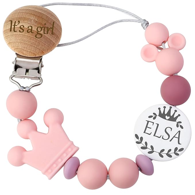 Personalized Pacifier Clip with Name, Custom Animal Pacifier Clips for Boy Girl, Personalized Custom Baby Gifts for Newborn (Mouse-Pink)