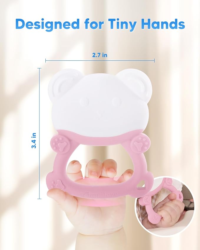 Water-Filled Freezable Baby Teether – Cooling Teething Toy for Babies 6+ Months, Gentle Comfort for Sore Gums, Includes Reusable Freezer Bags – Bear Pink