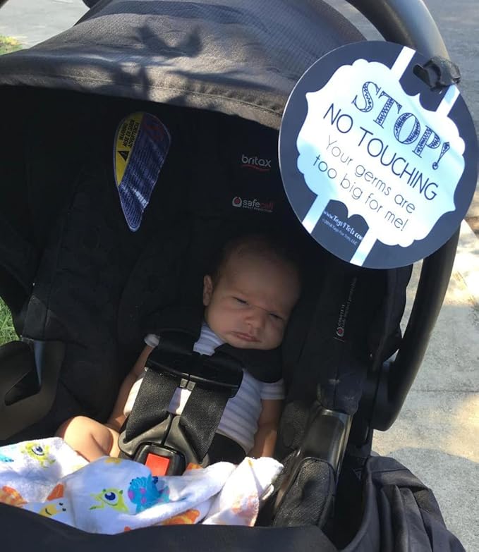 (Three Little Tots) No Touching Baby Car Seat and Stroller Two Pack- Baby Safety No Touching Car Seat Sign, Stroller Sign, Newborn Car Seat Tag- CPSIA Safety Tested (Rainbow/Black & White)