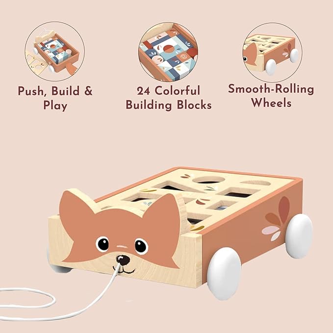 Speedy Monkey Fox Blocks Cart for Toddlers 12m+ | Wooden Block Wagon Pull Toy with 24 Multicolor Blocks | Educational Shape Sorting & Building Toy for Kids | Early Learning Play for Boys & Girls