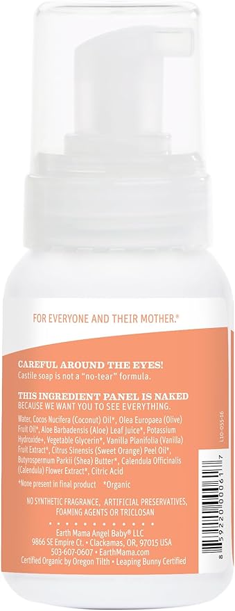 Earth Mama Sweet Orange Baby Liquid Wash Foaming Hand Soap, Organic All Purpose Body Wash for Sensitive Skin, Castile Soap with Coconut Oil, Shea Butter, Calendula, & Aloe, 6.27 fl oz