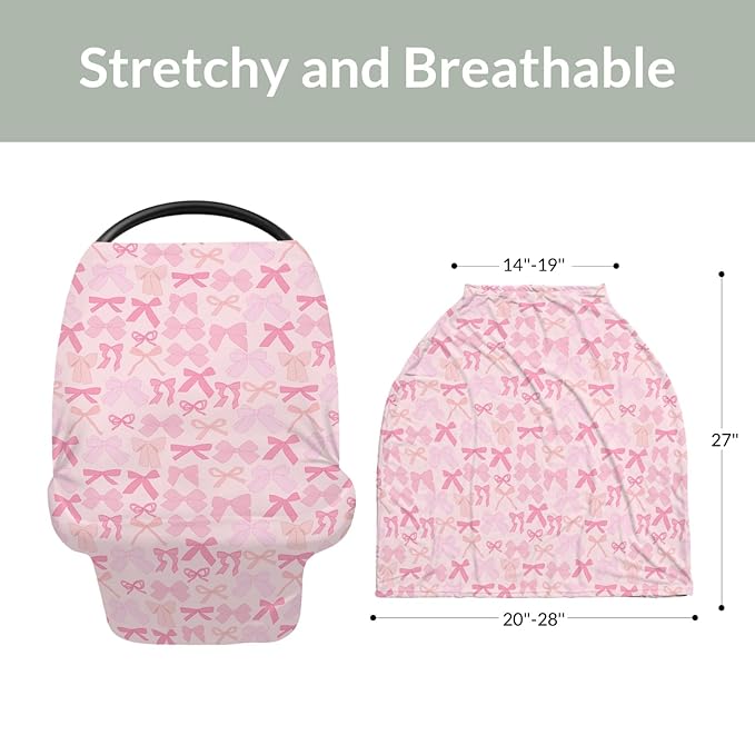 Girl Pink Bows Car Seat Covers for Baby Valentine Bows Stretchy 5-in-1 Cover Adjustable Infant Carseat Canopy Cover Spring Pink Ribbons Breathable Nursing Cover-Up