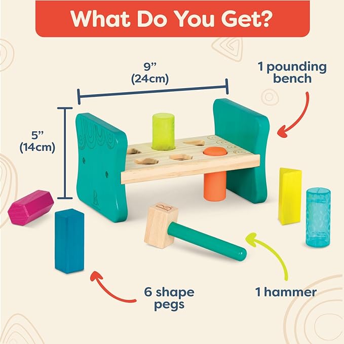 B. toys – Wooden Shape Sorter – Pounding Bench for Shape Sorting – 6 Pegs & Toy Hammer – Classic Toys for Toddlers, Kids – 2+ Years – Colorful Pound & Play
