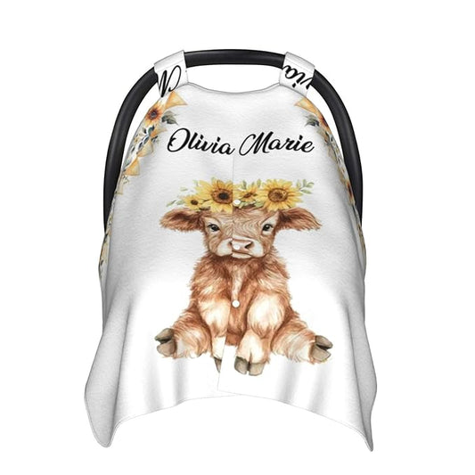 Personalized Baby Car Seat Canopy with Name – Custom Highland Cow Minky Nursing Cover for Boys & Girls, Soft Stroller Cover for Infants & Newborns, Carseat Canopy for Breastfeeding
