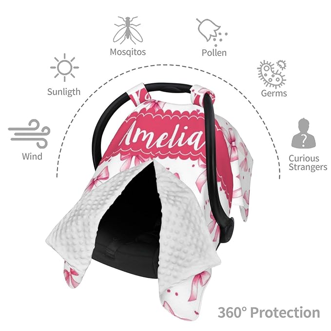 Personalised Baby Car Seat Cover with Name, Customized Bows Carseat Covers for Girls, Windproof Sun Protection Baby Carseat Canopy, Multi-use Nursing Breastfeeding Covers for Infant