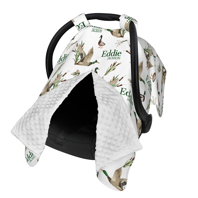 Personalized Baby Car Seat Canopy for Babies, Custom Name Baby Car Seats Covers for Boys Girls, Opening Minky Nursing Breastfeeding Cover for Infant, Carseat Canopies for Newborn (Wild Ducks)