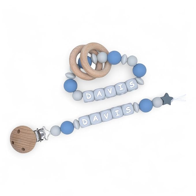 Personalized Baby Pacifier Clips, Rattle Rings & Keychains – Blue Styles | Stylish Baby Accessories, 3rd Party Tested for Safety