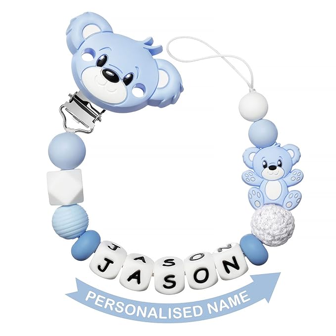 Personalized Pacifier Clip with Name for Baby, Customized Pacifier Clip Fits Most Pacifiers, Blue Bear