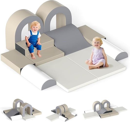 Olakids Toddler Climbing Toys Indoor, 10 Pieces Baby Foam Blocks Soft Play Set with PU Leather, Kids Climb Crawling Activity Gym Playground for 1+ Years (Gray)