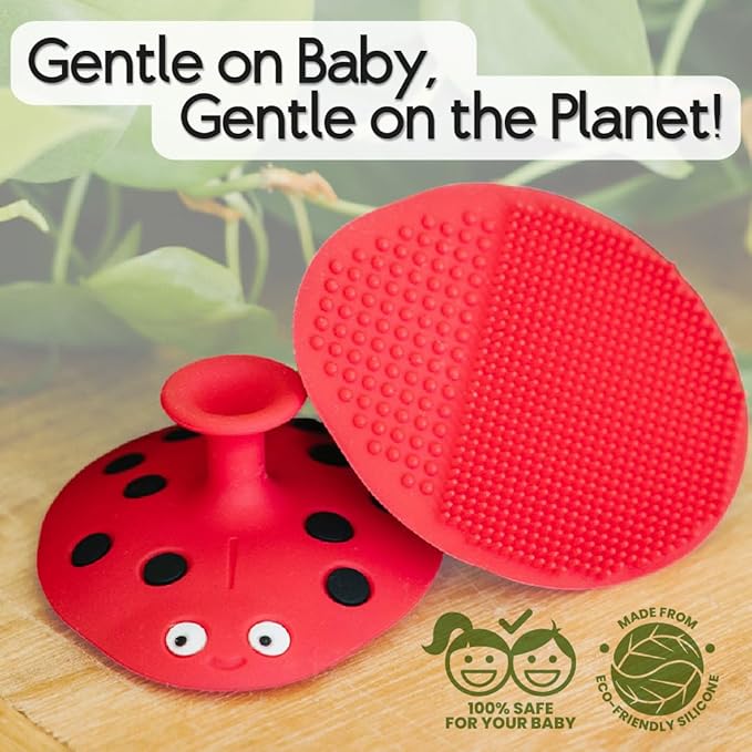 SplashEZ Cradle Cap Brush for Babies | Soothing Newborn Head Massager | Food-Grade Soft Silicone Baby Bath Brush & Scalp Scrubber | Infant Cradle Cap Comb - Organic Shape & Ladybug Design, 2-Pack