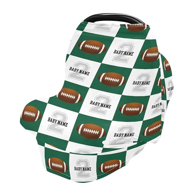 Personalized Baby Car Seat Cover for Babies, Custom Name Baby Car Seats Canopy for Boys Girls, Football Green Nursing Breastfeeding Stroller Covers for Infant Newborn, Shower Gift for Baby
