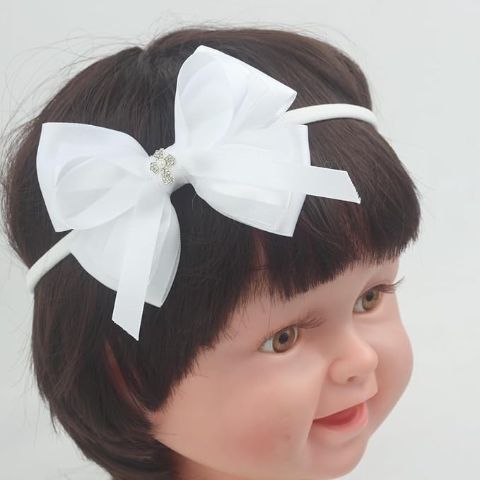 Nihao Baby White Lace Bow Big Baptism Headband for Baby Girls -1 PCS
