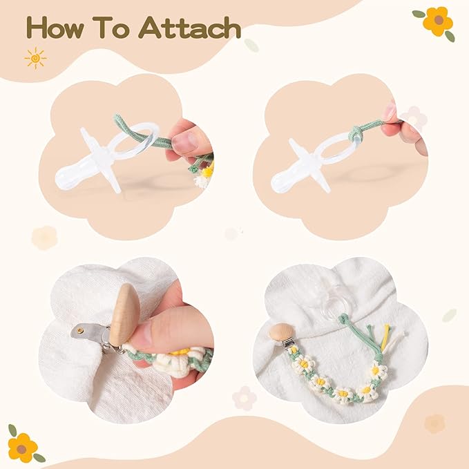 Pacifier Clip for Boys Girls Floral Daisy Macrame Paci Clip Pacifier Holder Leash Boho Wooden Clips Handmade Braided Cotton Unisex Baby Shower Birthday Gift