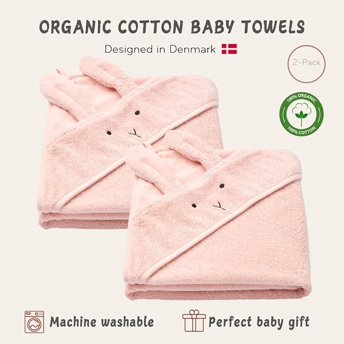 Hooded Baby Towels - 100% Organic Cotton Baby Bath Towels, 32" x 32" Super-Soft and Absorbent Baby Towels for Newborn Baby Girls 2-Pack (Rabbit Blush)