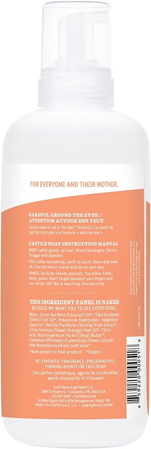Earth Mama Sweet Orange Baby Wash Liquid Foaming Hand Soap Refill, Organic All Purpose Body Wash for Sensitive Skin, Castile Soap with Coconut Oil, Shea Butter, Calendula, & Aloe, 34 fl oz