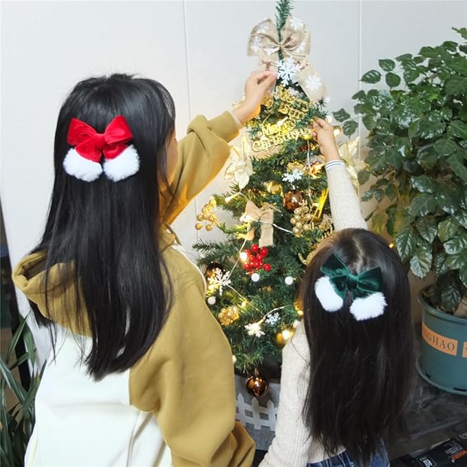 Christmas Velvet Bow Hair Clips and Accessories for Girls and Baby Mom - Xmas Plaid Red Green White Santa Bow (4 Pack)