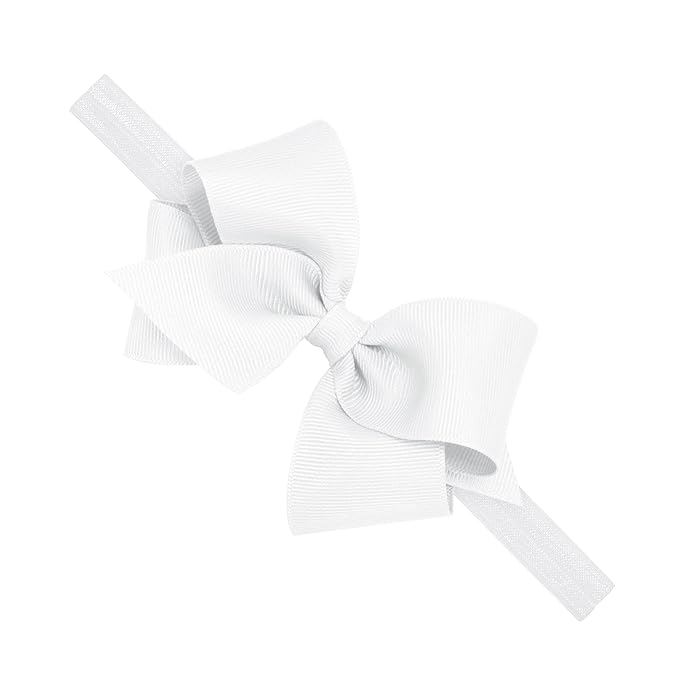 Wee Ones Girls' Classic Grosgrain Hair Bow on a Matching Baby Hair Band, For All Hair Types, Small Bow, 6-24 Months, White