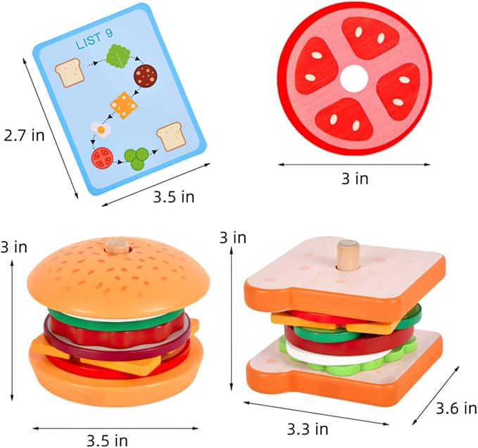 Wooden Burger Sandwich Stacking Toys for Kids, Montessori Toys for Toddlers & Preschoolers, Develops Fine Motor Skills