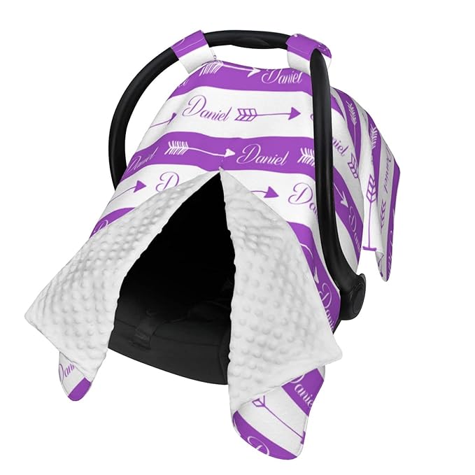Personalized Baby Name Car Seat Covers with Tribal Arrows, Custom Carseat Canopy, Peekaboo Opening Nursing Wrap Breastfeeding Car Seat Canopies for Baby Boys Girls Newborn (Purple Arrow Minky Dot)