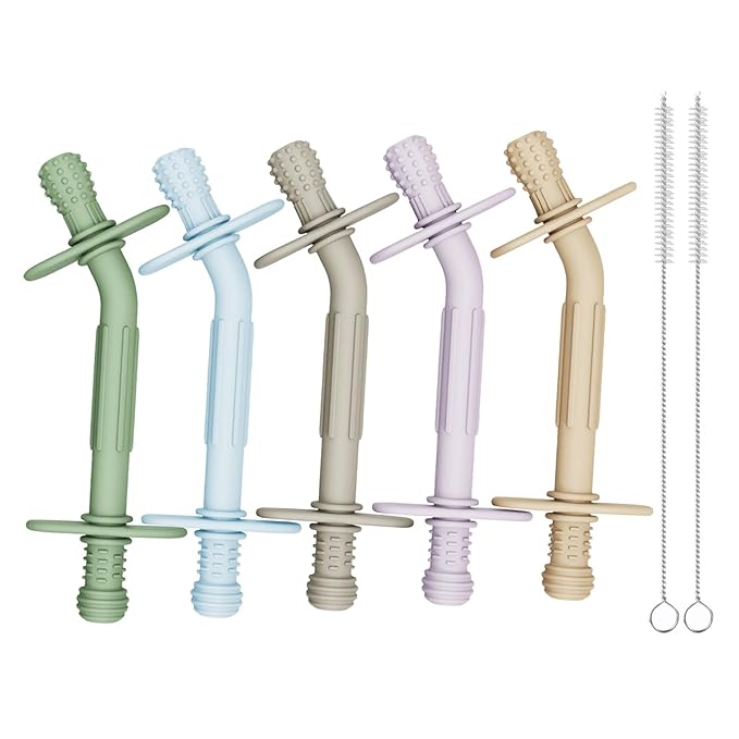 Teething Toys for Babies 36+ Months, 5 Pack Silicone Teething Straws,Soft Chewable Sensory Aid for Molar Discomfort, Infant Oral Development