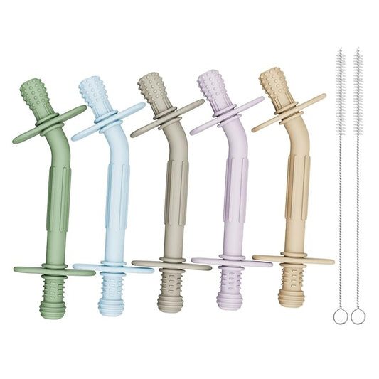 Teething Toys for Babies 36+ Months, 5 Pack Silicone Teething Straws,Soft Chewable Sensory Aid for Molar Discomfort, Infant Oral Development