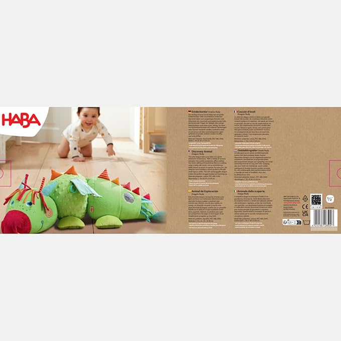 HABA Rudy 2012334001 Soft Toy Dragon with Acoustic and Tactical Elements, Rattle, Squeaker and Mirror, Soft Toy for Children from 6 Months