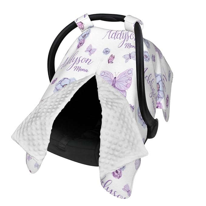 Personalized Baby Car Seat Canopy for Babies, Custom Name Purple Butterfly Baby Car Seat Covers for Girls, Opening Minky Nursing Breastfeeding Cover for Infant, Carseat Canopies for Newborn