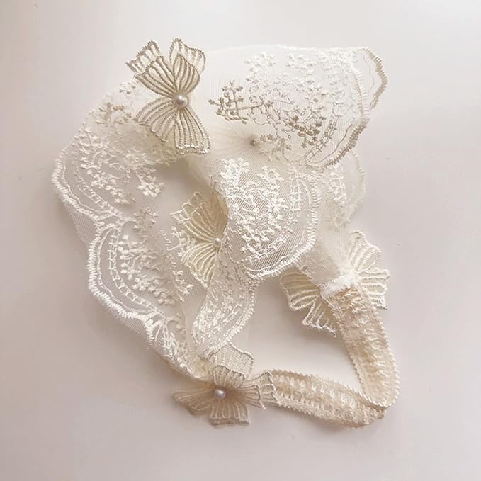 Baby Girls Headband Lacy Bow Pearl Wide Hair Band Turban for Infants Newborn Toddler Floral Ivory Elastic Head Wrap Breathable Sun Bonnet Hair Accessories (Ivory B)