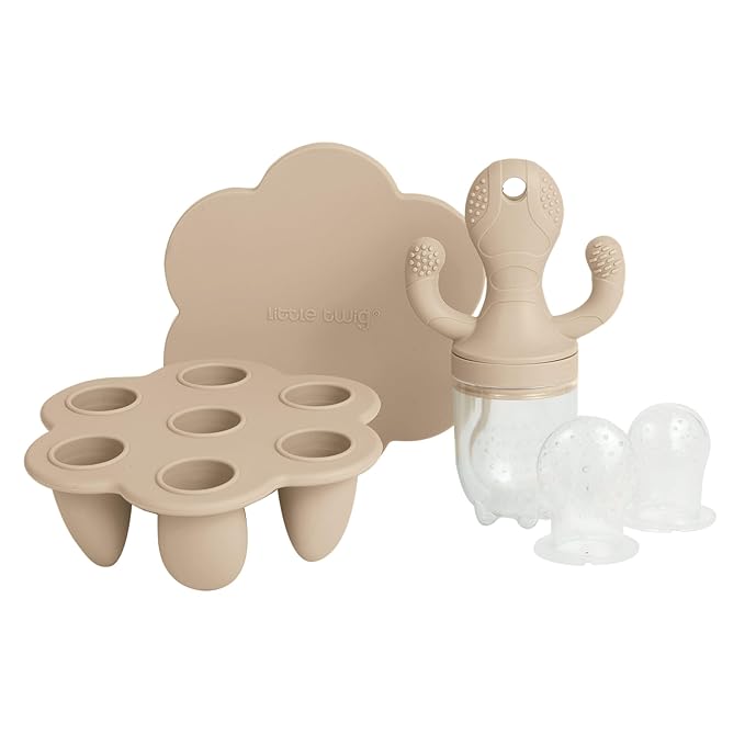 Little Twig Baby Fruit Feeder Pacifier Teether | Food Freezer Tray w/Lid | BPA Free Silicone Freezable Teether | Feeding Set for Breast Milk Ice Cubes, Food, Vegetable Fruit Purees (Ginger)