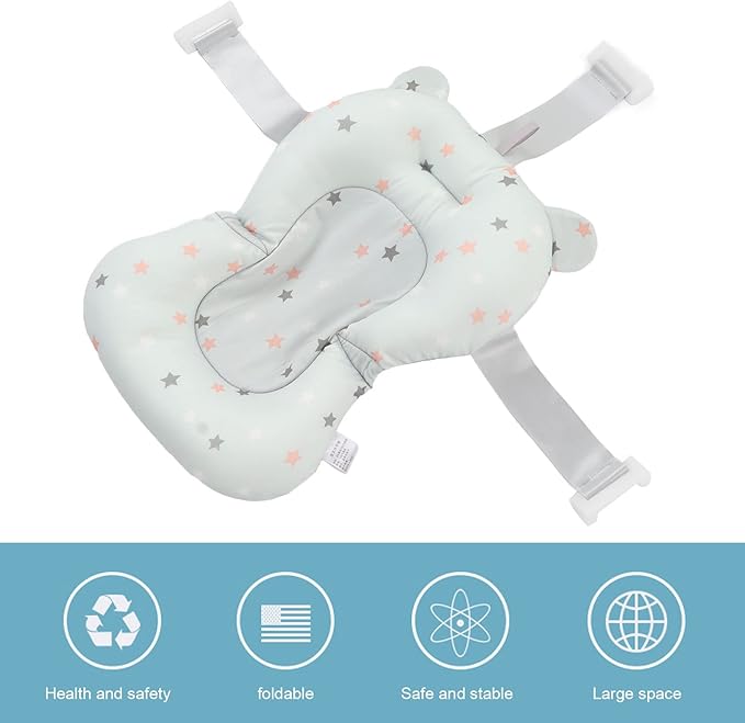 ciciglow Baby Bath Cushion Pad Newborn Bathtub Mat, Nonslip Floating Seat with Support for Head, Neck, and Back,Sling, 0-12 Months (Light Blue Stars)
