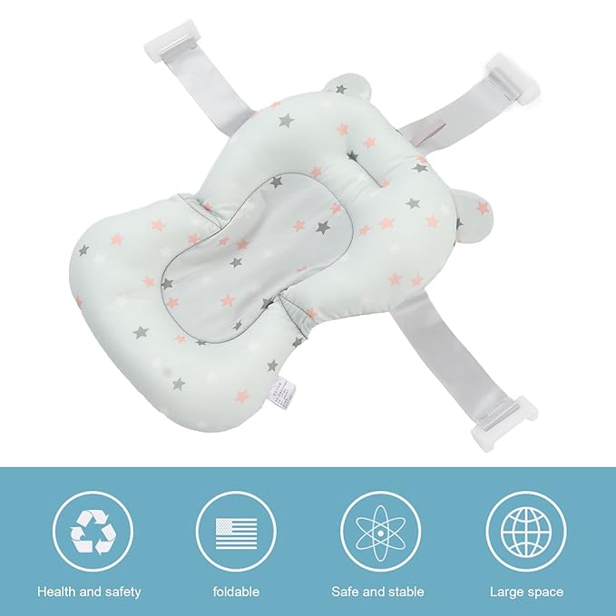Baby Bath Seat Cushion, Baby Bath Support Cushion Floating Safe Foldable, Adjustable Baby Bath Suspension Pad Infant Bath Supporter for Newborn (Light Blue Stars)