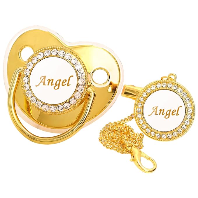 Personalized Pacifier and Pacifier Clip with Name,Bling Pacifier Clip Set with Multiple Patterns Glitter Crystal Luxurious Ideal Gift for Boy Girl Baby Shower Photography Newborns (Gold)