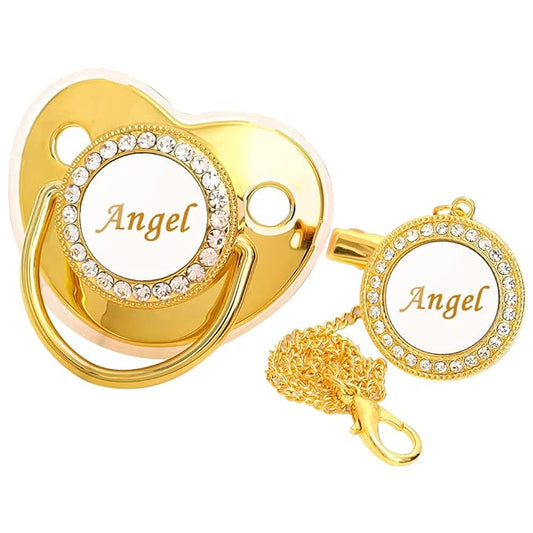 Personalized Pacifier and Pacifier Clip with Name,Bling Pacifier Clip Set with Multiple Patterns Glitter Crystal Luxurious Ideal Gift for Boy Girl Baby Shower Photography Newborns (Gold)