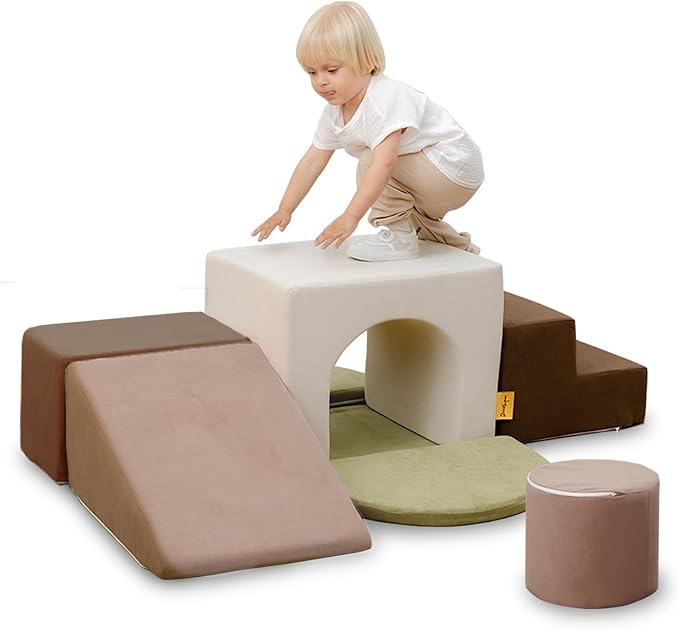 BanaSuper Kids Climbing Foam Blocks Playset - 7 Piece Toddler Climbing Toys, Indoor Gross Motor Development Montessori Gross Motor Toy for Babies & Toddlers (Grey)