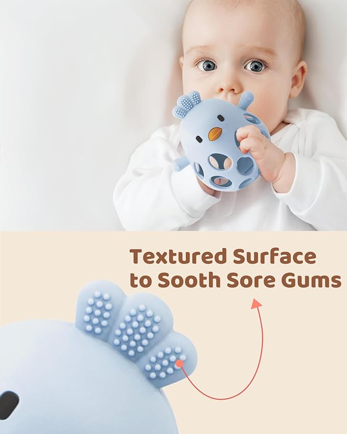 ChooKaChoo 2-in-1 Baby Teething Rattle Toy, Sensory Grasping Teether for Infants 3-12 Months, 100% Food-Grade Silicone, Easy to Hold, Soothing & Developmental, BPA Free