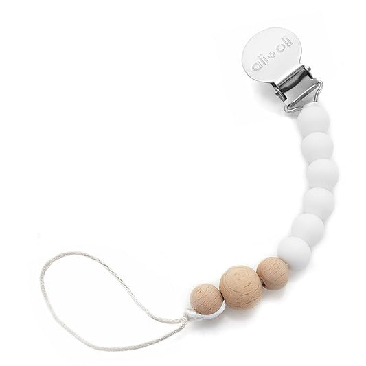 Ali+Oli Silicone Pacifier Clip for Baby (White Wood) 100% Food-Grade BPA Free Newborn Pacifier Holder Infant Binky Clip for Baby Boy or Girl