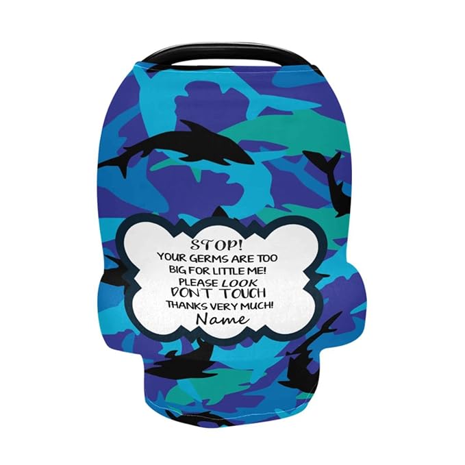 No Touch Sign Baby Car Seat Cover Personalized, Customized Shark Stroller Canopy with Name, Multiuse Nursing Covers Breastfeeding Scarf, Shower Gift for Newborn Boys Babies