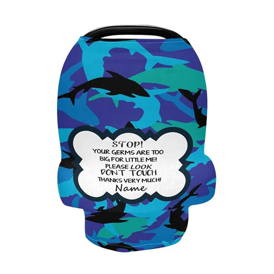 No Touch Sign Baby Car Seat Cover Personalized, Customized Shark Stroller Canopy with Name, Multiuse Nursing Covers Breastfeeding Scarf, Shower Gift for Newborn Boys Babies