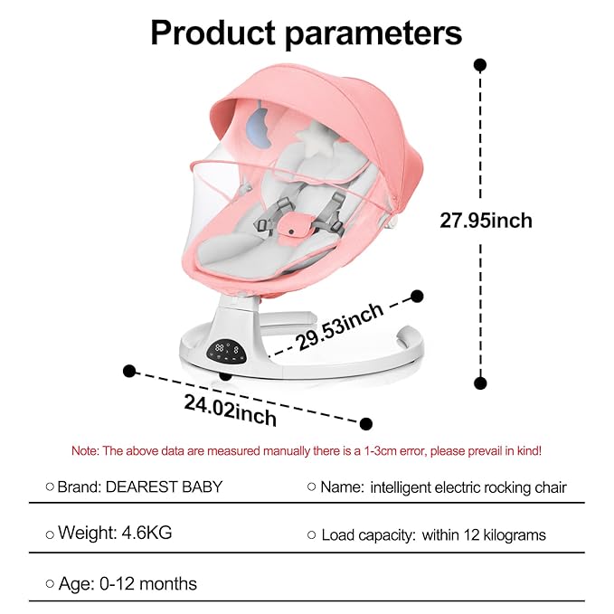 Baby Swing for Newborn to Toddler, 5 Speed Portable Infant Swing with Smart Touch Control, Remote Control, 10 Lullabies, Timer, 5 Point Harness and Soft Fabric (Pink)