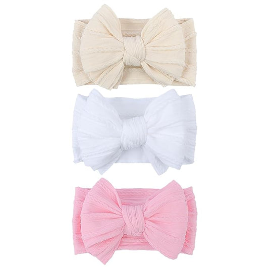 LemonSpace Handmade Baby Girls Headbands Soft Stretchy Nylon Hair Bands Hair Accessories with Bows for Newborn Baby Girls Infant Toddlers Kids (Light Pink White Light Beige)