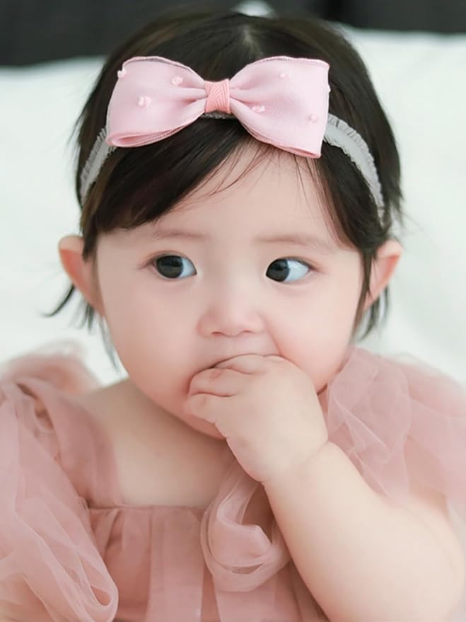 Baby Girls Hairbands Bow Lace Headband Handmade Soft Stretchy Pink Bowknot Hairbands Newborn Hairband with Bows Elastic Hair Bands for Kids Infant(Pink Polka Dot Bow