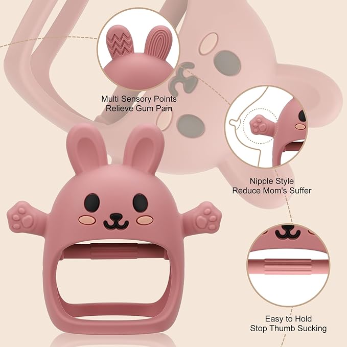 Easter 2 Pack Baby Teething Toys for 3-6 6-12 Months, Soft Silicone BPA Free Bunny Teething Mitten, Easter Basket Stuffers Chew Teether Toys 0-3 6 9 12 Months for Babies Sucking Needs