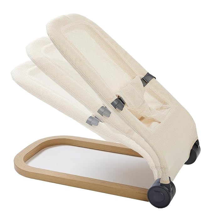 Giggle Bounce Deluxe Folding Baby Bouncer with Soothing Natural Movement, Convenient Portable Folding Design, Adjustable Multi Position Recline, Removable Mesh Cover, and Wood Grain Base, Cream