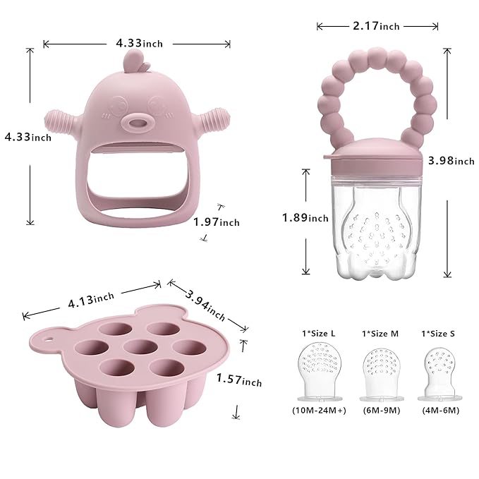 6-in-1 Baby Fruit Feeder Pacifier & Baby Food Feeder Set – Silicone Breastmilk Popsicle Mold with Freezer Tray, Teething Relief Toy, BPA Free Infant Feeder, 3 Sizes (S/M/L) Sacs (Blush)