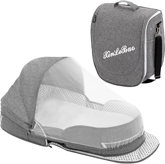 Folding Baby Travel Bassinet Portable Lightweight Travel Crib Baby Bed Co- Sleeper for Baby in Bed with Canopy and Mosquito Net (Gray, with Sunshade)