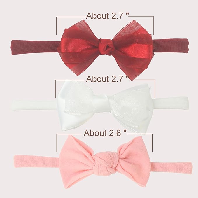 Nihao Baby Red white Pink Headband for Baby Girls Newborn Bows -3 PCS