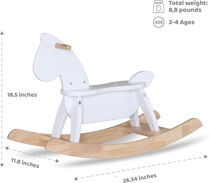 White Wooden Rocking Horse Funny for Toddlers (Ages 2-4) - Solid Rubber Wood, Smooth Surface for Creative Decoration, Minimalist Rocking Horse, Vintage