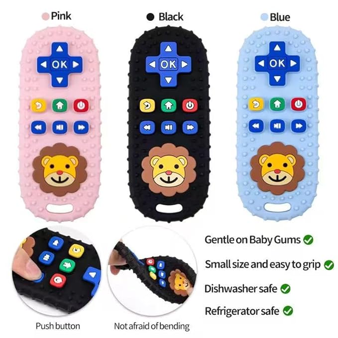 Baby Teething Toy, Soft TV Remote and Game Controller Shape Chew Set, Educational Toy for Intellectual Development, Safe Silicone for Toddler and Infant (Black (Panda Handle + Lion Remote Control))