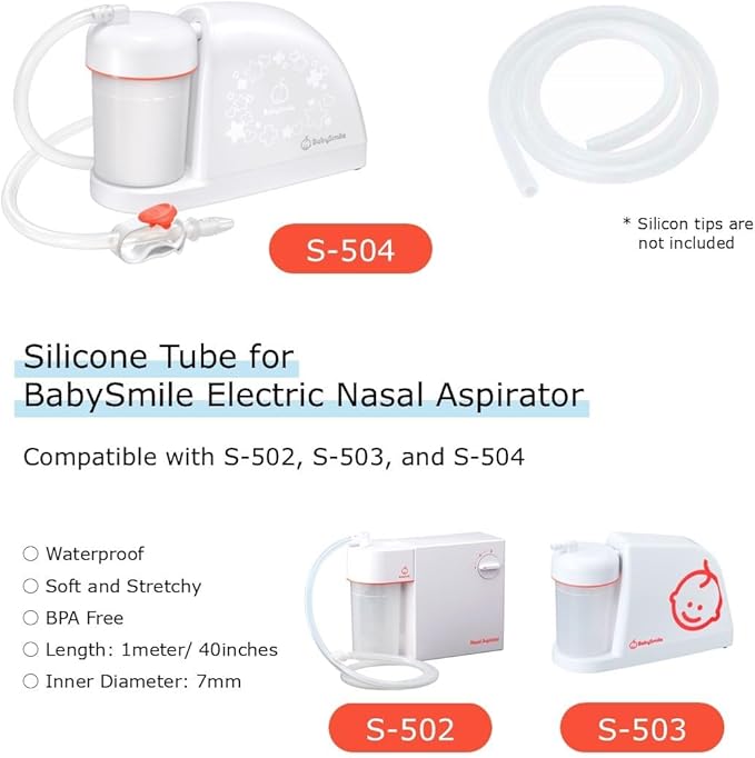 Nasal Aspirator Tube Suction Replacement Great for BabySmile S-504, S-503, S-502 (44 Inches Long) | Hospital Grade BPA Free